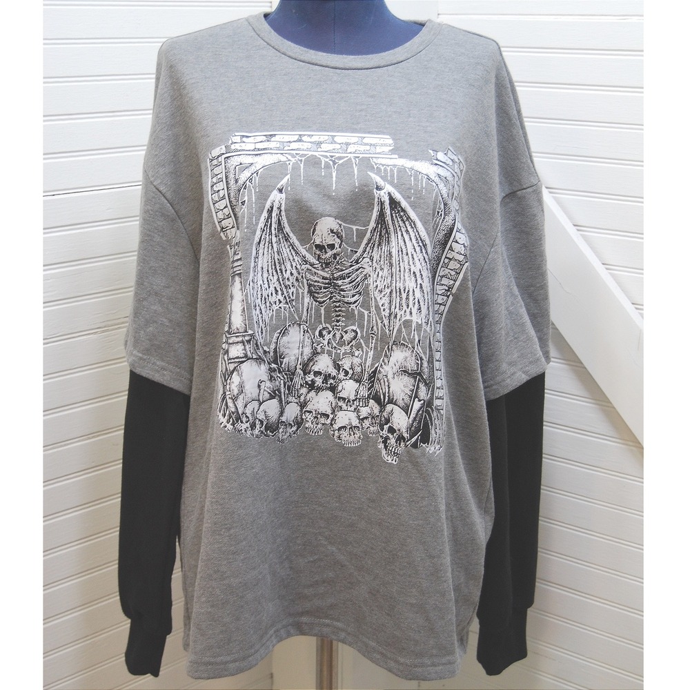 Romwe sweatshirt 2 in 1 t-shirt Women's Small Grey & black sleeves Skull Gothic‎